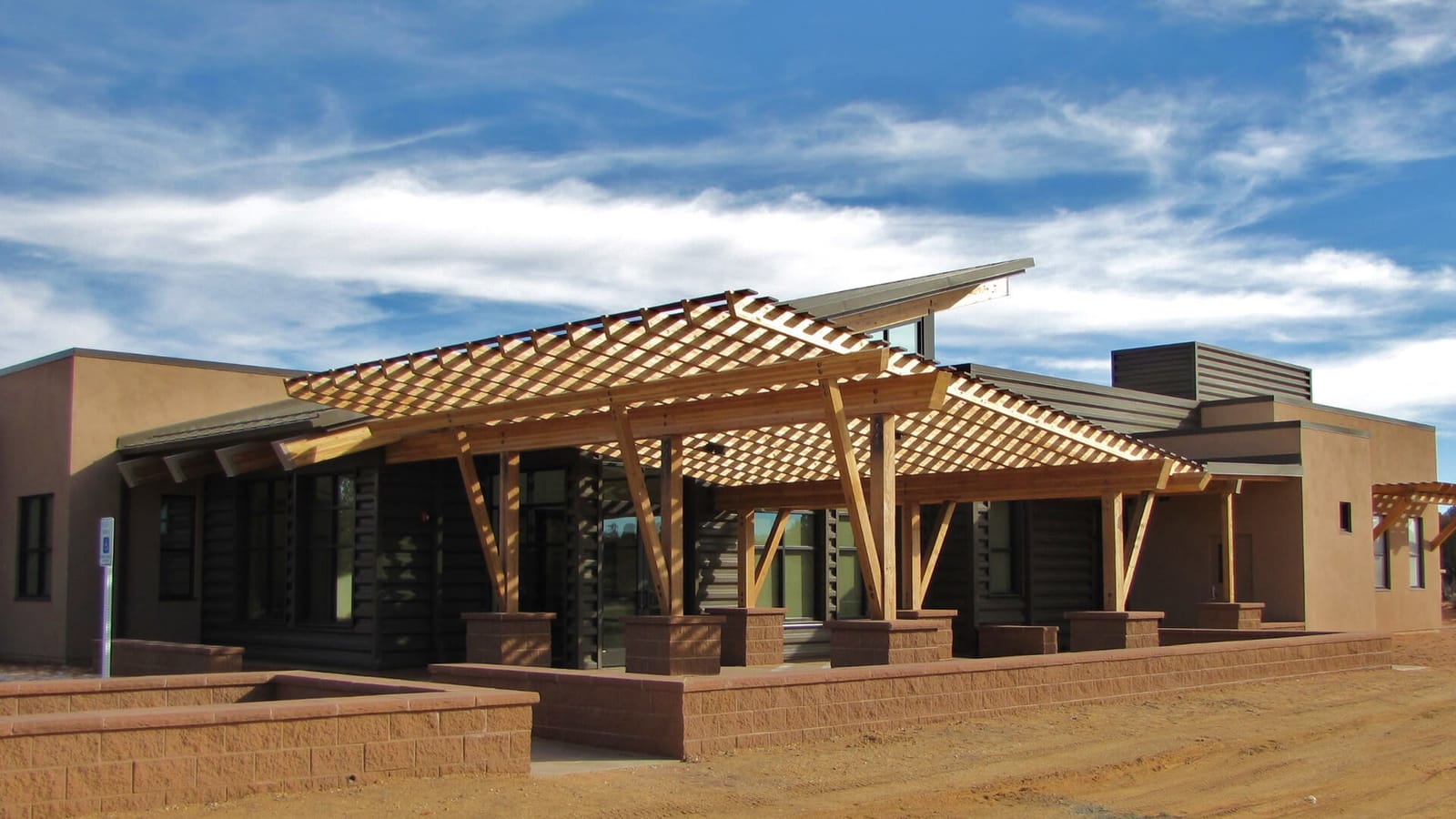 Commercial building with timber pergola
