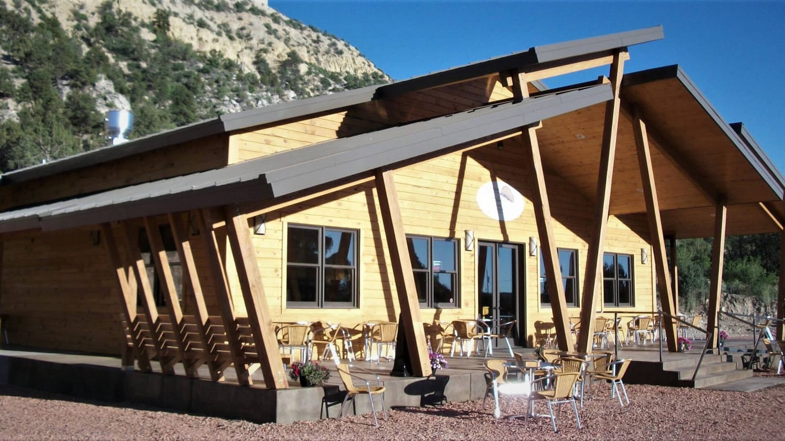 Timber lodge with angled rooflines